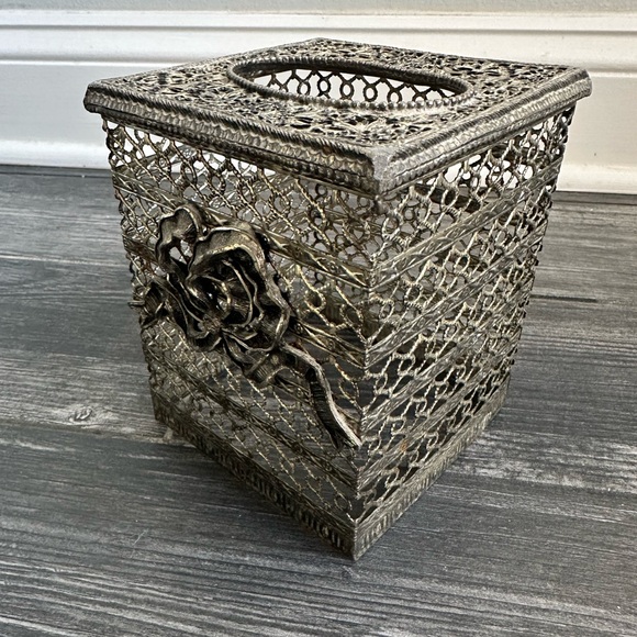 Vintage Metal Tissue Box CoverSquare  Goldish Charcoal Home  Bathroom Decor - Picture 7 of 9